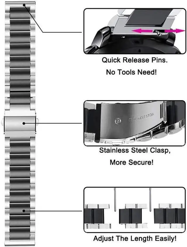 Alt view image 5 of 7 - Werleo Stainless Steel Metal Band Bracelet Strap Compatible with Samsung Galaxy Watch 42mm / Ticwatch E / Galaxy Watch Active 40mm / Gear S2 Classic Black/White