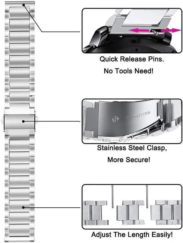 Alt view image 5 of 7 - Werleo Stainless Steel Metal Band Bracelet Strap Compatible with Samsung Galaxy Watch 42mm / Ticwatch E / Galaxy Watch Active 40mm / Gear S2 Classic Silver