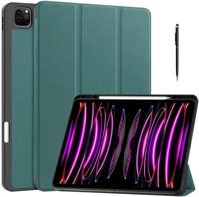 Main image of Case for iPad Pro 12.9 Inch 2022/2021/2020/2018 (6th/5th/4th/3rd Gen), Slim Smart Stand Cover Protective Cover with Pencil Holder, Stand, Universal Stylus Pen,Support Pencil Charging Dark Green
