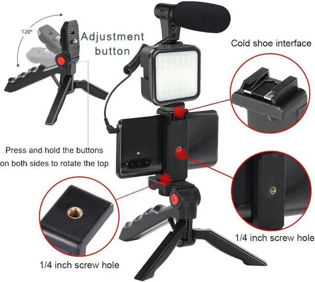 Alt view image 4 of 7 - Professional Smartphone Vlog Shooting Kits with Microphone LED Light Camera Tripod Holder for Live Photography YouTube Recording