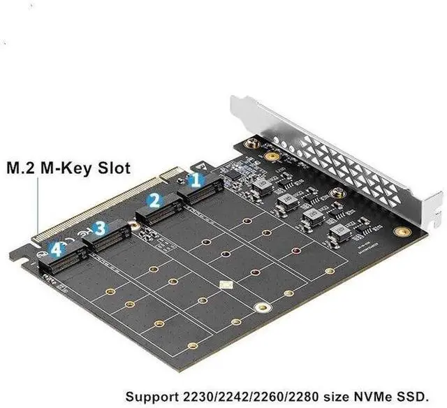 Alt view image 3 of 7 - Quad M.2 PCIe 4.0 / PCIe 3.0 X16 Expansion Card with Heatsink, Support 4 x PCIe NVME M.2 SSD, RAID-on-CPU (VROC) in Intel Platform and PCIe 4.0 RAID in AMD Platform, M/B PCIe Bifurcation is Required