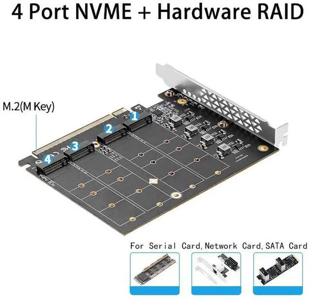 Alt view image 7 of 7 - Quad M.2 PCIe 4.0 / PCIe 3.0 X16 Expansion Card with Heatsink, Support 4 x PCIe NVME M.2 SSD, RAID-on-CPU (VROC) in Intel Platform and PCIe 4.0 RAID in AMD Platform, M/B PCIe Bifurcation is Required
