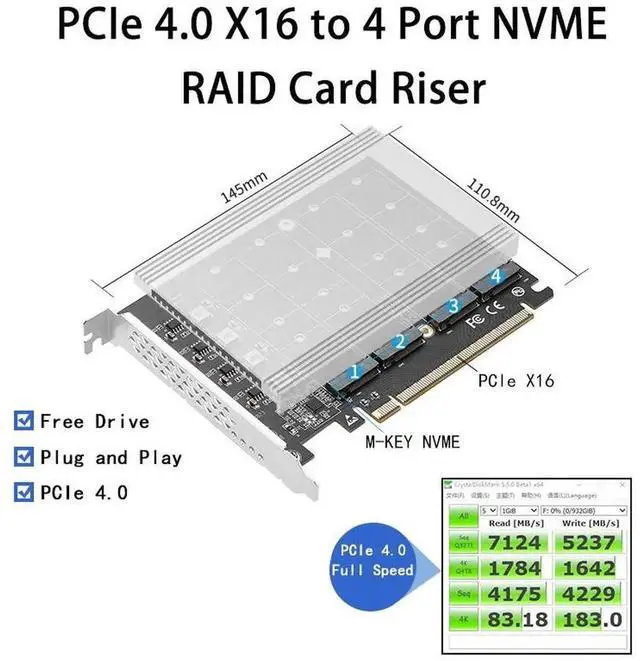 Alt view image 6 of 7 - Quad M.2 PCIe 4.0 / PCIe 3.0 X16 Expansion Card with Heatsink, Support 4 x PCIe NVME M.2 SSD, RAID-on-CPU (VROC) in Intel Platform and PCIe 4.0 RAID in AMD Platform, M/B PCIe Bifurcation is Required