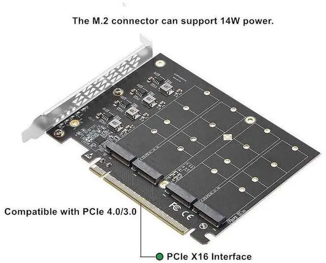 Alt view image 2 of 7 - Quad M.2 PCIe 4.0 / PCIe 3.0 X16 Expansion Card with Heatsink, Support 4 x PCIe NVME M.2 SSD, RAID-on-CPU (VROC) in Intel Platform and PCIe 4.0 RAID in AMD Platform, M/B PCIe Bifurcation is Required