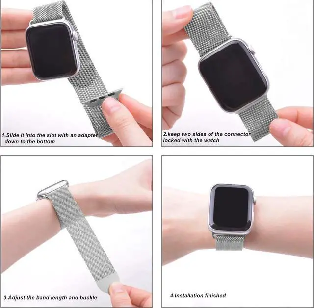 Alt view image 3 of 5 - Compatible with iWatch Band 38mm / 40mm - 42mm / 44mm Men Women Magnetic Closure Clasp Replacement Mesh Milanese Bands Compatible for Apple Watch iWatch Series 1 2 3 4 Silver 38mm
