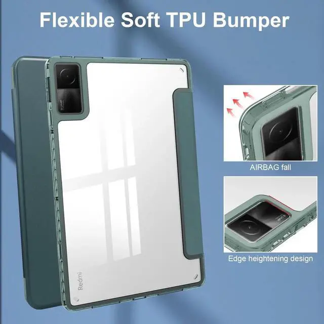 Alt view image 3 of 7 - Protective Case for Xiaomi Redmi Pad 10.61 inch 2022 with S Pen Holder, Transparent Hard Shell Back Trifold Smart Stand Cover with universal stylus Pen Dark Green Dark Green
