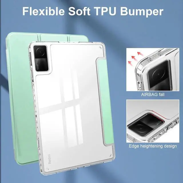 Alt view image 2 of 7 - Protective Case for Xiaomi Redmi Pad 10.61 inch 2022 with S Pen Holder, Transparent Hard Shell Back Trifold Smart Stand Cover with universal stylus Pen Dark Green Mint Green