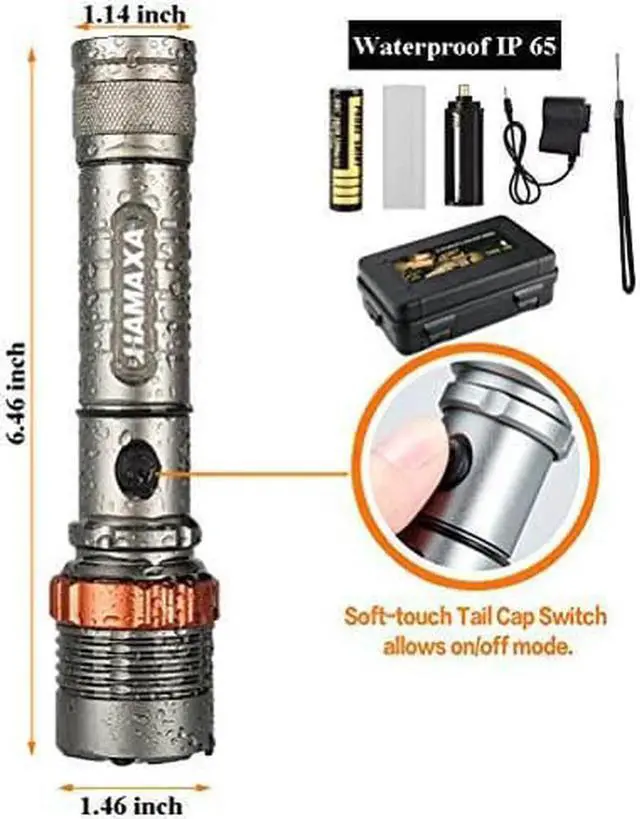 Alt view image 4 of 6 - Super Bright LED Flashlight 1000 Lumens Cree XML T6 Water Resistant Focus Zoom Flashlight Torch Rechargeable Handheld LED Light Lamp with 18650 Battery and Charger for Hiking Camping Emergency
