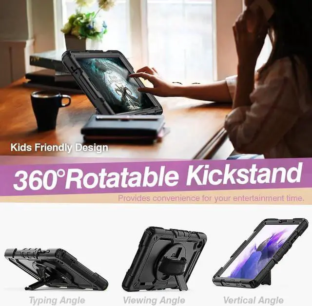 Alt view image 4 of 7 - Shockproof Cover Protective Case with Built-in Screen Protector for Samsung galaxy Tab A7 Lite 8.7 inch 2021 Model SM-T220 SM-T225 with Stand, Hand Strap & Shoulder Strap Black