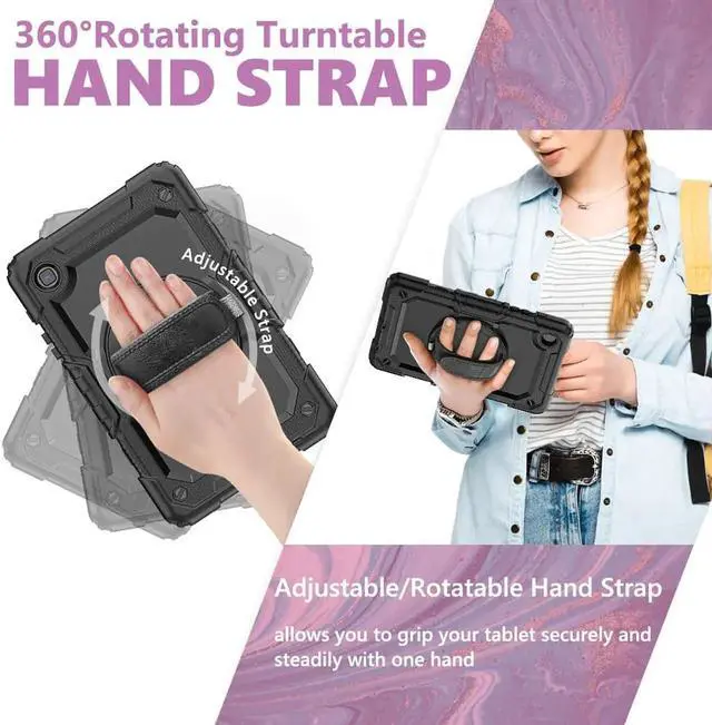 Alt view image 3 of 7 - Shockproof Cover Protective Case with Built-in Screen Protector for Samsung galaxy Tab A7 Lite 8.7 inch 2021 Model SM-T220 SM-T225 with Stand, Hand Strap & Shoulder Strap Black