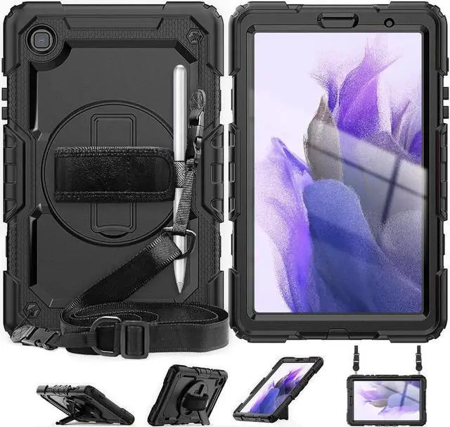 Main image of Shockproof Cover Protective Case with Built-in Screen Protector for Samsung galaxy Tab A7 Lite 8.7 inch 2021 Model SM-T220 SM-T225 with Stand, Hand Strap & Shoulder Strap Black