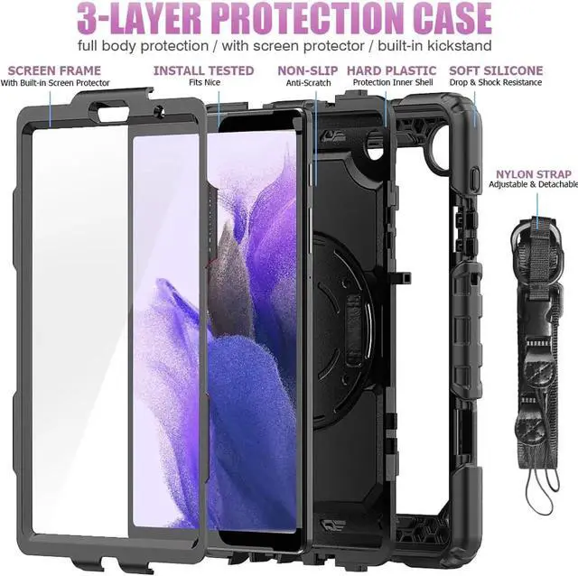 Alt view image 5 of 7 - Shockproof Cover Protective Case with Built-in Screen Protector for Samsung galaxy Tab A7 Lite 8.7 inch 2021 Model SM-T220 SM-T225 with Stand, Hand Strap & Shoulder Strap Black