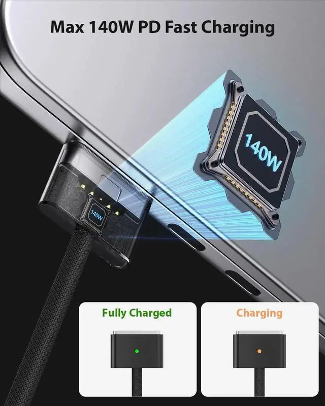 Alt view image 6 of 6 - 140W USB C to Magnetic 3 Safe Charging Cable (2 M/6.6 ft) for M4 MacBook Air Pro Charger, Magnetic Charger Cord for MacBook Pro (16"/14"2024/2023/2021), Air (15"/13"M4 2025, M3 2024, M2 2023, M2 2022)