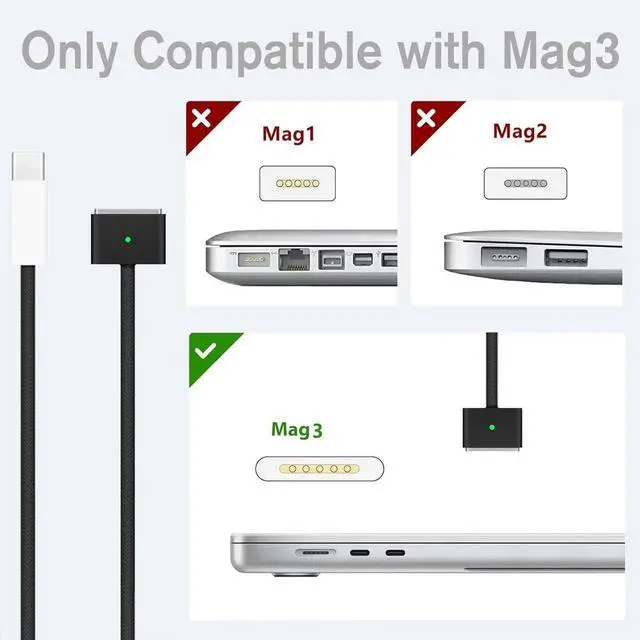 Alt view image 5 of 6 - 140W USB C to Magnetic 3 Safe Charging Cable (2 M/6.6 ft) for M4 MacBook Air Pro Charger, Magnetic Charger Cord for MacBook Pro (16"/14"2024/2023/2021), Air (15"/13"M4 2025, M3 2024, M2 2023, M2 2022)