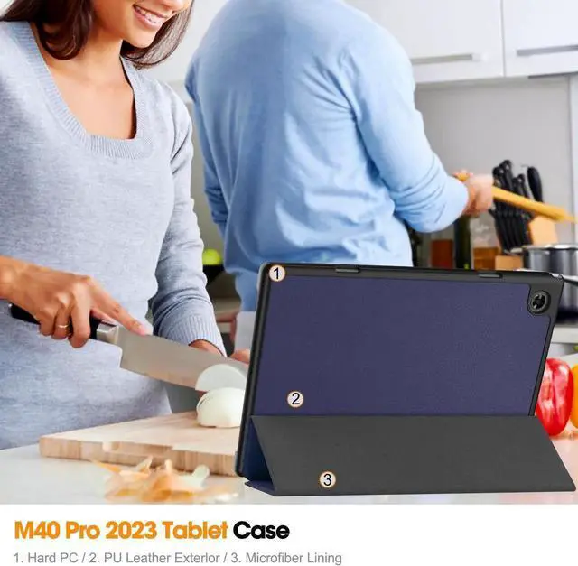 Alt view image 3 of 7 - Case for Teclast M40 / M40 Pro / P20S / P20HD, Tri fold Slim Lightweight Hard Shell Smart Protective Cover with Multi-Angle Stand, Universal Stylus Pen Blue