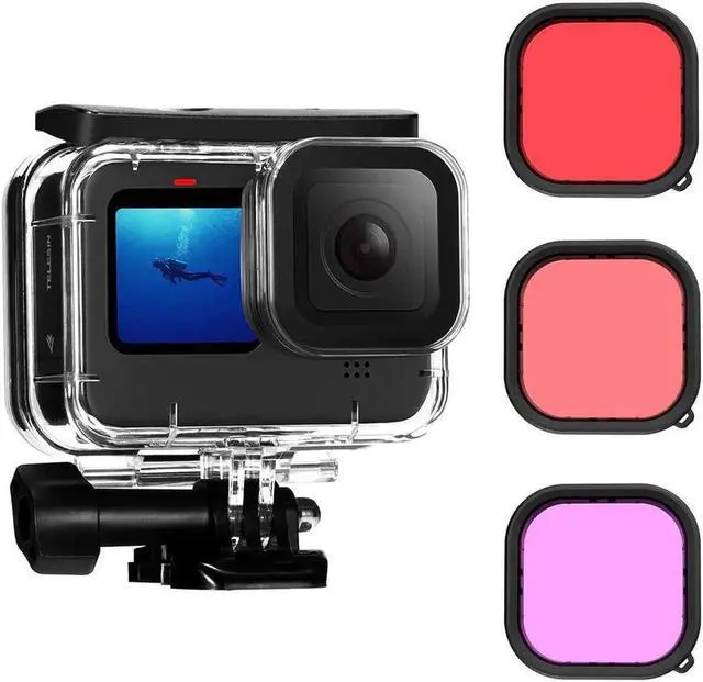 Main image of Waterproof Case with 3-Pack Dive Filter for GoPro Hero 12 Hero 11 Hero 10 Hero 9 Black 60M/196FT Underwater Scuba Snorkeling Deep Diving with Red Magenta Filter Bracket Screw Go Pro Accessories