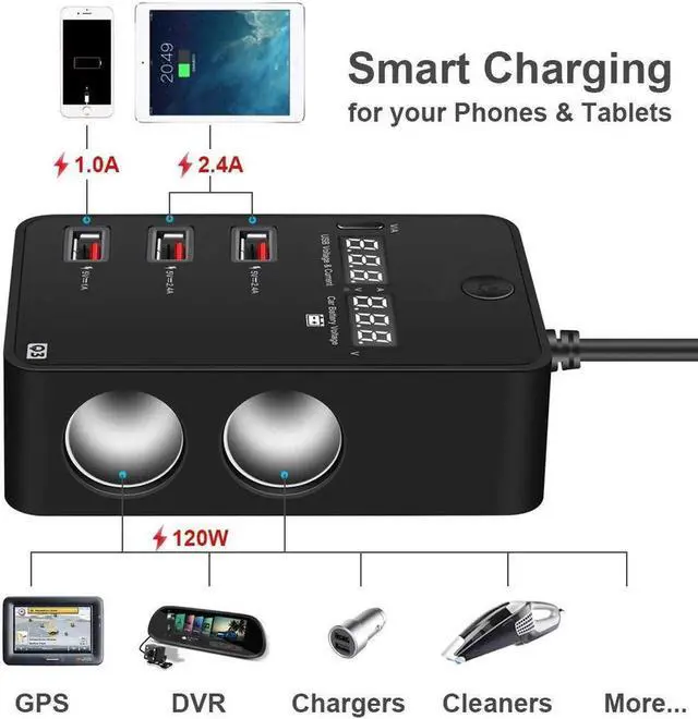 Alt view image 5 of 7 - Cigarette Lighter Splitter Car Charger Werleo 120W 12V 24V Car Cigarette Lighter to 3 USB Charger Adapter + 2 Cigarette Lighter Socket Current Voltage Monitoring Voltmeter Display & ON Off Switch