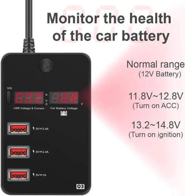 Alt view image 4 of 7 - Cigarette Lighter Splitter Car Charger Werleo 120W 12V 24V Car Cigarette Lighter to 3 USB Charger Adapter + 2 Cigarette Lighter Socket Current Voltage Monitoring Voltmeter Display & ON Off Switch