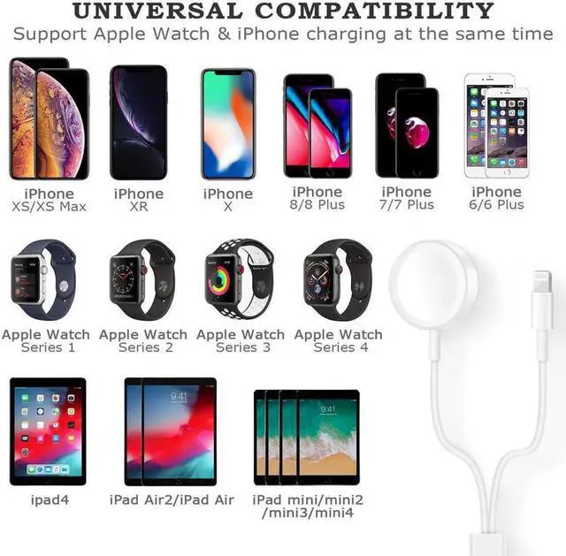 Alt view image 3 of 7 - Apple Watch Charger, 2 in 1 iphone Charger With 3.3ft/1.0m Portable Charging Cable Compatible With for Apple Watch Series 4/3/2/1, iPhoneXR/XS/XS Max/X/8/8Plus/7/7Plus/6/6Plus/iPad4/iPad Air/iPad mini
