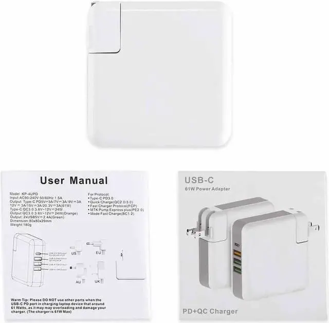 Alt view image 4 of 7 - USB C Power Adapter Charger 61W 4-Port USB Type C Wall Charger Station with Power Delivery Port for Apple MacBook, iPhone X 8 Plus and 3 Power iSmart Ports for iPhone, iPad and More