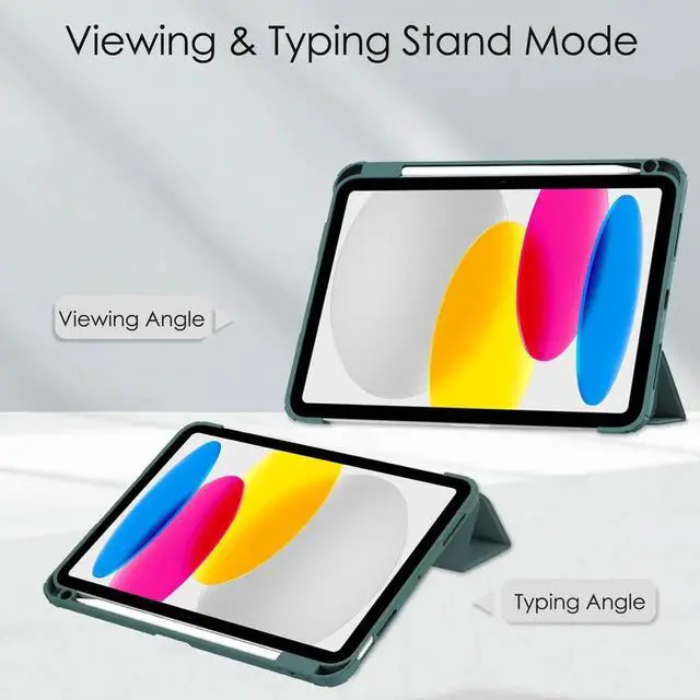 Alt view image 6 of 7 - Case for New iPad 10th Generation 10.9 Inch 2022 with Pencil Holder / Universal Stylus Pen, Hybrid Slim Tri-fold Protective Stand Cover Smart Shell with Clear Back, Auto Wake/Sleep Dark Green