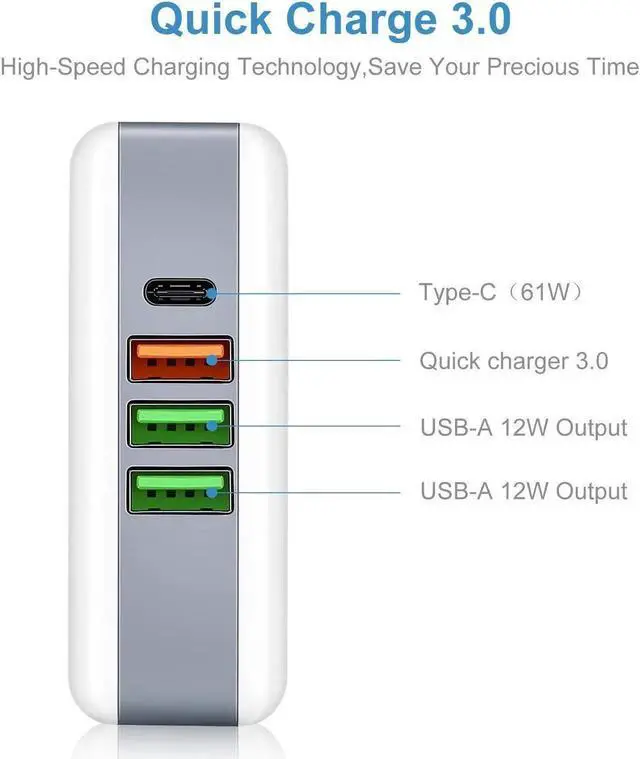 Alt view image 6 of 7 - USB C Power Adapter Charger 61W 4-Port USB Type C Wall Charger Station with Power Delivery Port for Apple MacBook, iPhone X 8 Plus and 3 Power iSmart Ports for iPhone, iPad and More