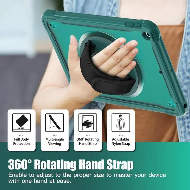 Alt view image 2 of 7 - Case For iPad 9th 8th 7th Generation 10.2 inch 2021 2020 2019 Shcokproof Cover with Transparent Back, Pencil Holder, Rotating Stand, Hand/Shoulder Strap, Stylus Pen Dark Green