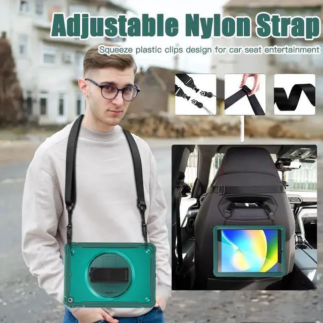 Alt view image 6 of 7 - Case For iPad 9th 8th 7th Generation 10.2 inch 2021 2020 2019 Shcokproof Cover with Transparent Back, Pencil Holder, Rotating Stand, Hand/Shoulder Strap, Stylus Pen Dark Green