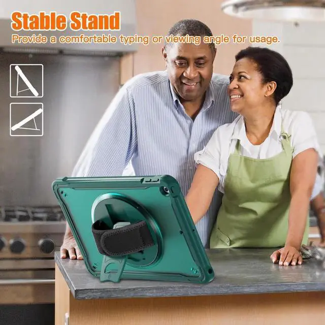 Alt view image 7 of 7 - Case For iPad 9th 8th 7th Generation 10.2 inch 2021 2020 2019 Shcokproof Cover with Transparent Back, Pencil Holder, Rotating Stand, Hand/Shoulder Strap, Stylus Pen Dark Green