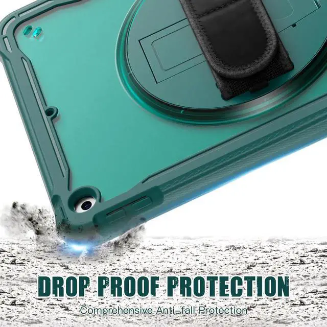 Alt view image 5 of 7 - Case For iPad 9th 8th 7th Generation 10.2 inch 2021 2020 2019 Shcokproof Cover with Transparent Back, Pencil Holder, Rotating Stand, Hand/Shoulder Strap, Stylus Pen Dark Green
