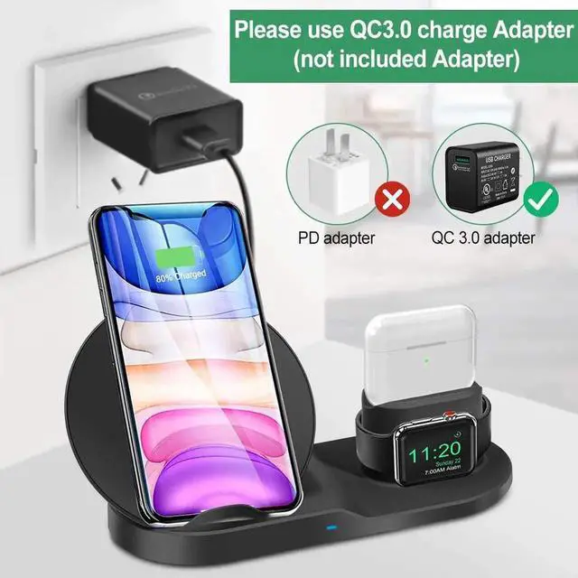 Alt view image 3 of 7 - 3 in 1 Wireless Charger for iPhone 12/12 pro/12 Pro Max/11/11 pro/11 Pro Max/Xs/XS Max/XR/X/8/8P/AirPod/AirPod 2/ AirPods Pro, Watch Wireless Charging Station Stand for iWatch 1/2/3/4/5/6