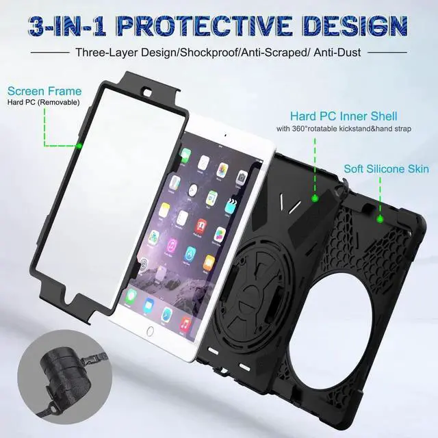 Alt view image 2 of 7 - iPad Air 2 Case 9.7 Inch 2014 Case for iPad Model A1566 / A1567, 360 Degrees Built-in Stand Heavy Duty Hand&Shoulder Strap Full-Body Protective Case for iPad Air 2