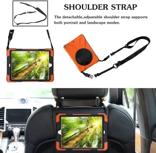 Alt view image 3 of 6 - iPad Air 2 Case 9.7 Inch 2014 Case for iPad Model A1566 / A1567, 360 Degrees Built-in Stand Heavy Duty Hand&Shoulder Strap Full-Body Protective Case for iPad Air 2 Orange