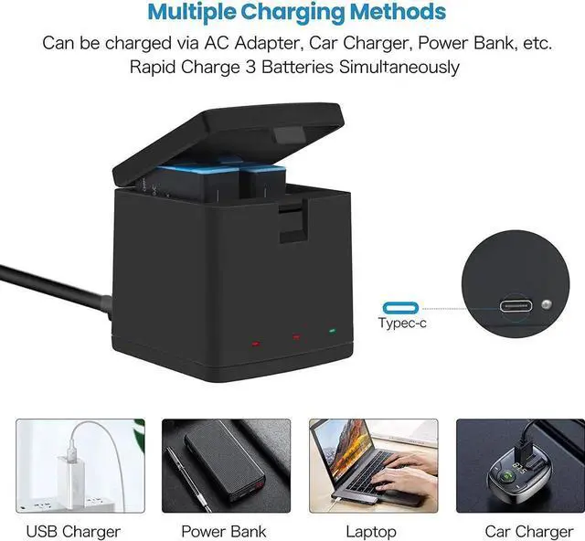 Alt view image 2 of 6 - Hero 9 / Hero 10 Replacement Batteries 2-Pack and 3-Channel USB Charger Compatible with GoPro Hero 10 Black / Hero 9 Black AHDBT-901 (Fully Compatible with GoPro Hero9 / Hero10 Battery and Charger)