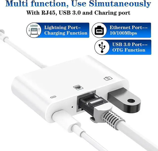 Alt view image 3 of 7 - Lightning to RJ45 Adapter, 3 in 1 RJ45 Ethernet LAN Network Adapter with USB Camera Adapter and Charge Port Compatible with iPhone/iPad/iPod, Plug and Play, Supports 100Mbps Ethernet Network