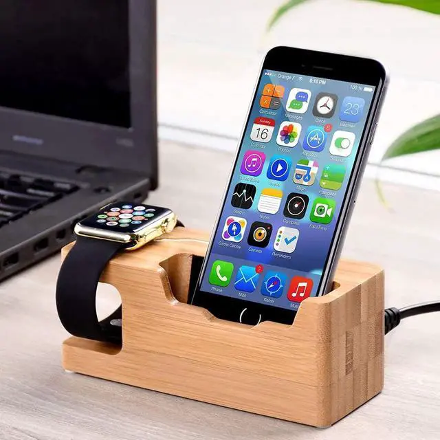 Alt view image 3 of 7 - Bamboo Wood USB Charging Stand Phone Stand with 3 USB Port Charging Dock Station for 38mm and 42mm Apple Watch iPhone X 8 8 Plus 6 Plus 5S 5 7 7 Plus and Other Smartphone