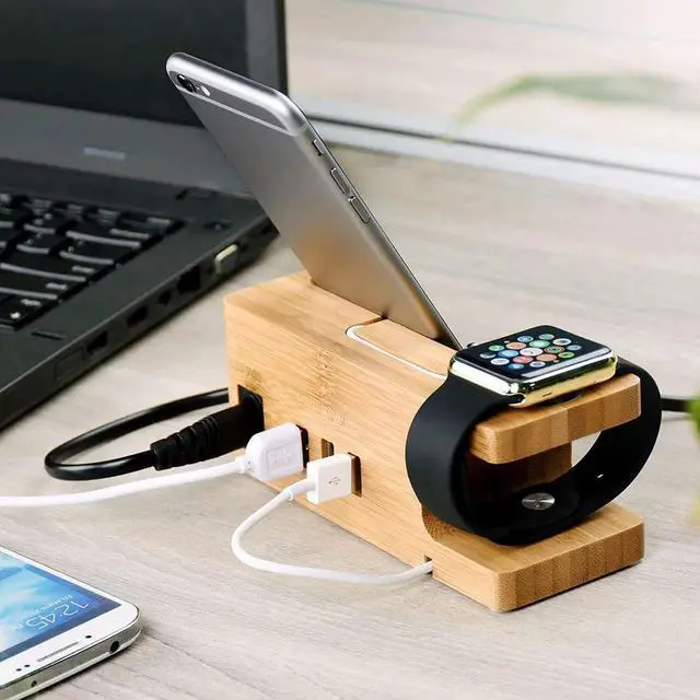 Alt view image 2 of 7 - Bamboo Wood USB Charging Stand Phone Stand with 3 USB Port Charging Dock Station for 38mm and 42mm Apple Watch iPhone X 8 8 Plus 6 Plus 5S 5 7 7 Plus and Other Smartphone