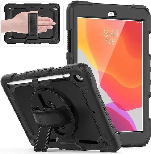 Main image of iPad 8th / 7th Generation Case Three Layer Drop Protection Cover with [360 Rotating Stand] Hand Strap & [Stylus Pencil Holder] for New iPad 8 Generation 2020 / iPad 7 Generation 10.2 inch 2019 Black