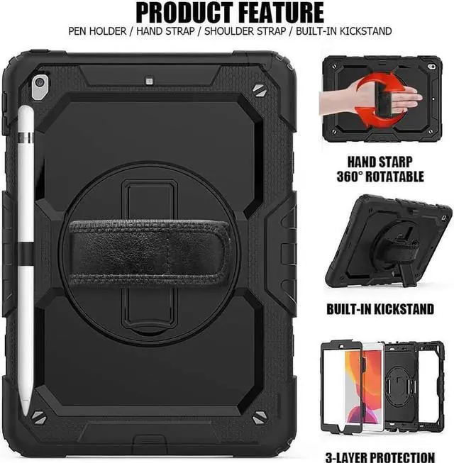 Alt view image 5 of 7 - iPad 8th / 7th Generation Case Three Layer Drop Protection Cover with [360 Rotating Stand] Hand Strap & [Stylus Pencil Holder] for New iPad 8 Generation 2020 / iPad 7 Generation 10.2 inch 2019 Black