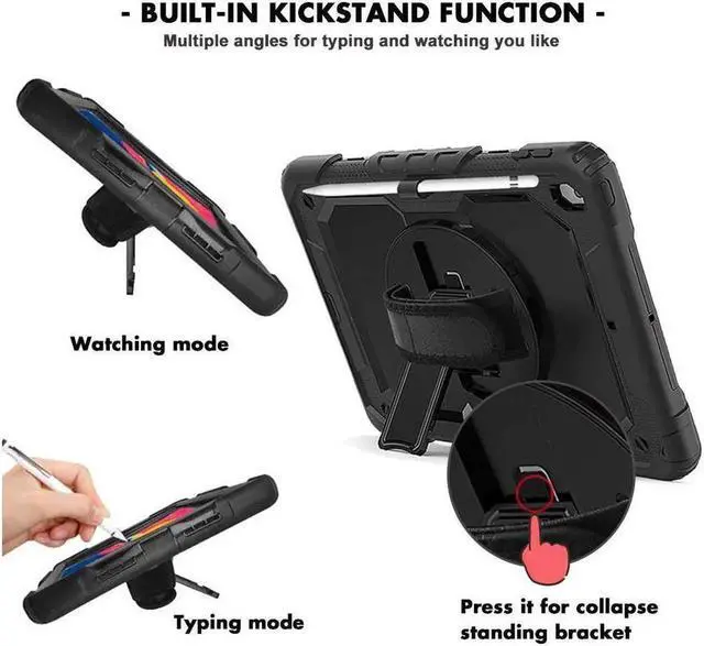 Alt view image 2 of 7 - iPad 8th / 7th Generation Case Three Layer Drop Protection Cover with [360 Rotating Stand] Hand Strap & [Stylus Pencil Holder] for New iPad 8 Generation 2020 / iPad 7 Generation 10.2 inch 2019 Black