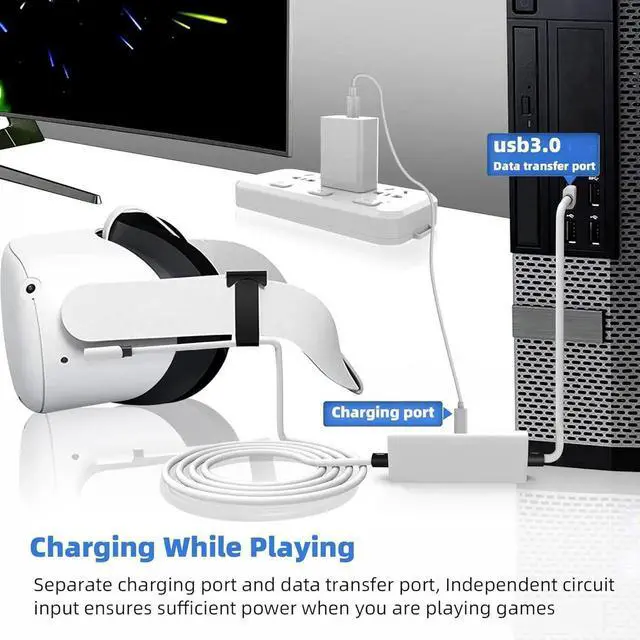 Alt view image 2 of 7 - 16FT Link Cable for Quest 3S/3, Quest2 and Quest Pro, With Separate Charging Port for Uninterrupted Power, USB 3.0 Type A to C Cable for VR Headset Accessories and Gaming PC White