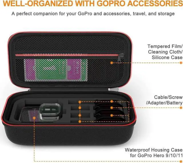 Alt view image 7 of 7 - Accessories Kit for GoPro Hero 12 / Hero 10 / Hero 11 / Hero 9, Shockproof Small Carry Bag + Waterproof Housing Case + Tempered Glass Screen Protector + Silicone Cover + Snorkel Filter Bundle