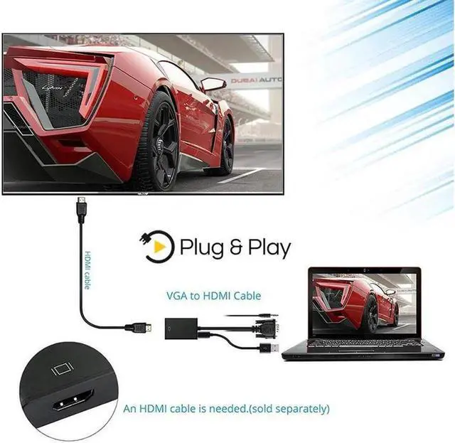 Alt view image 5 of 7 - 1080P VGA to HDMI Adapter Male to Female for Computer Desktop Laptop PC Monitor Projector HDTV with Audio Cable and USB Cable Black