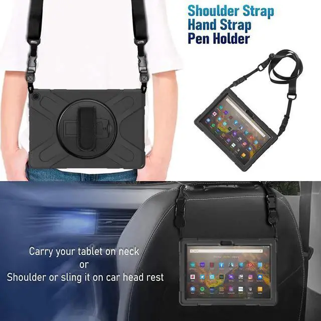 Alt view image 5 of 7 - Amazon Kindle Fire HD 10 / Fire HD 10 Plus 11th Generation 2021 Case, Shockproof Rugged Drop Protection Cover with Pencil Holder and Rotating Kickstand Hand Strap / Shoulder Strap