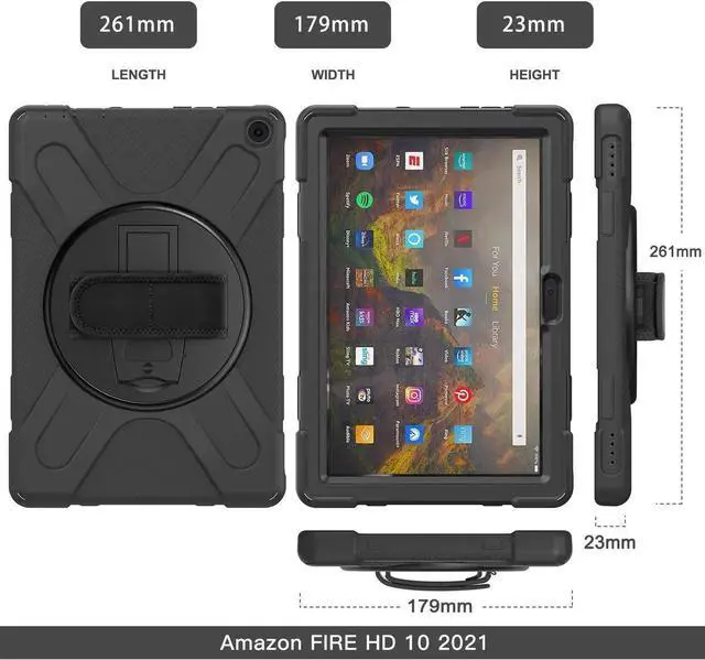 Alt view image 3 of 7 - Amazon Kindle Fire HD 10 / Fire HD 10 Plus 11th Generation 2021 Case, Shockproof Rugged Drop Protection Cover with Pencil Holder and Rotating Kickstand Hand Strap / Shoulder Strap