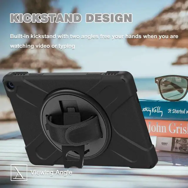 Alt view image 2 of 7 - Amazon Kindle Fire HD 10 / Fire HD 10 Plus 11th Generation 2021 Case, Shockproof Rugged Drop Protection Cover with Pencil Holder and Rotating Kickstand Hand Strap / Shoulder Strap