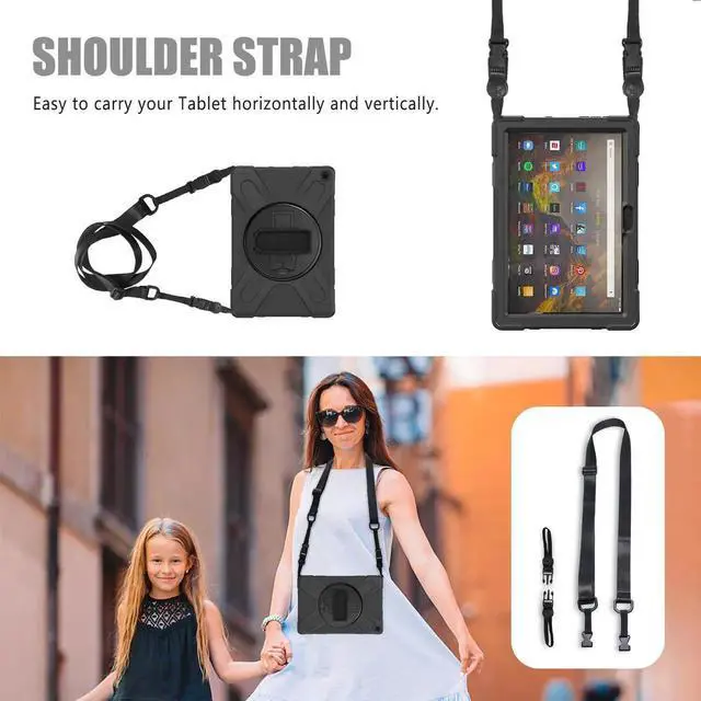 Alt view image 7 of 7 - Amazon Kindle Fire HD 10 / Fire HD 10 Plus 11th Generation 2021 Case, Shockproof Rugged Drop Protection Cover with Pencil Holder and Rotating Kickstand Hand Strap / Shoulder Strap