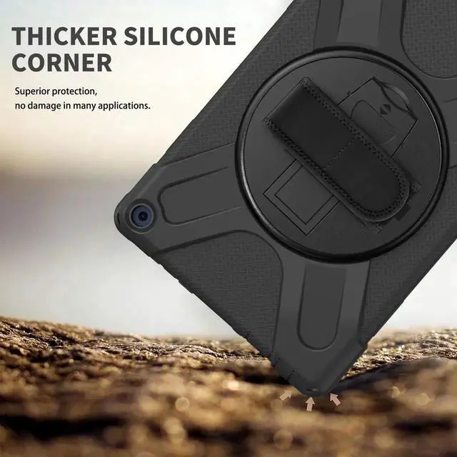 Alt view image 4 of 7 - Amazon Kindle Fire HD 10 / Fire HD 10 Plus 11th Generation 2021 Case, Shockproof Rugged Drop Protection Cover with Pencil Holder and Rotating Kickstand Hand Strap / Shoulder Strap