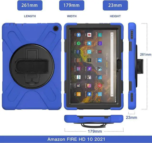 Alt view image 3 of 7 - Amazon Kindle Fire HD 10 / Fire HD 10 Plus 11th Generation 2021 Case, Shockproof Rugged Drop Protection Cover with Pencil Holder and Rotating Kickstand Hand Strap / Shoulder Strap Blue