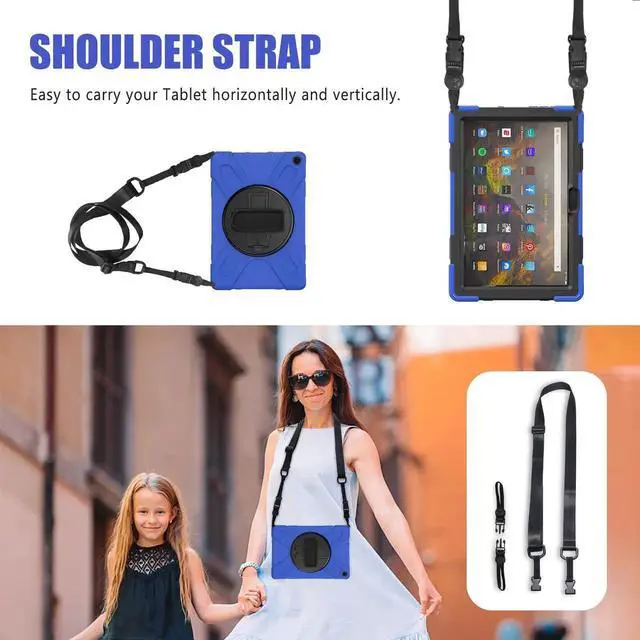 Alt view image 6 of 7 - Amazon Kindle Fire HD 10 / Fire HD 10 Plus 11th Generation 2021 Case, Shockproof Rugged Drop Protection Cover with Pencil Holder and Rotating Kickstand Hand Strap / Shoulder Strap Blue